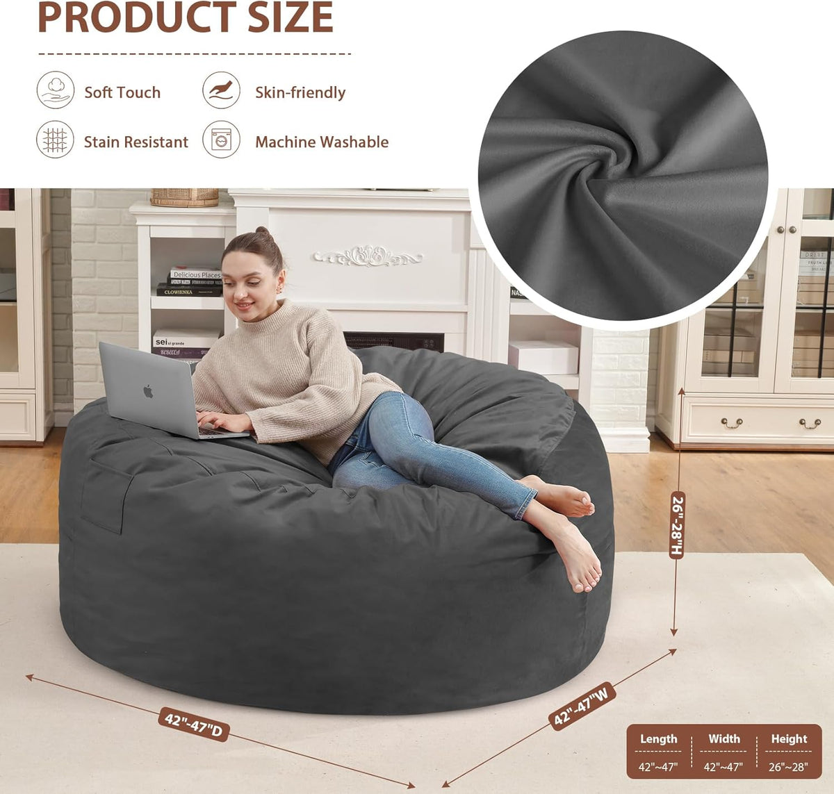 4FT Bean Bag Chair, Large Bean Bag Chairs with Memory Foam Filled, Fluffy Beanbag Sofa with Dutch Velvet Cover, Round BeanBag Chairs for Living Room, Playroom - Grey