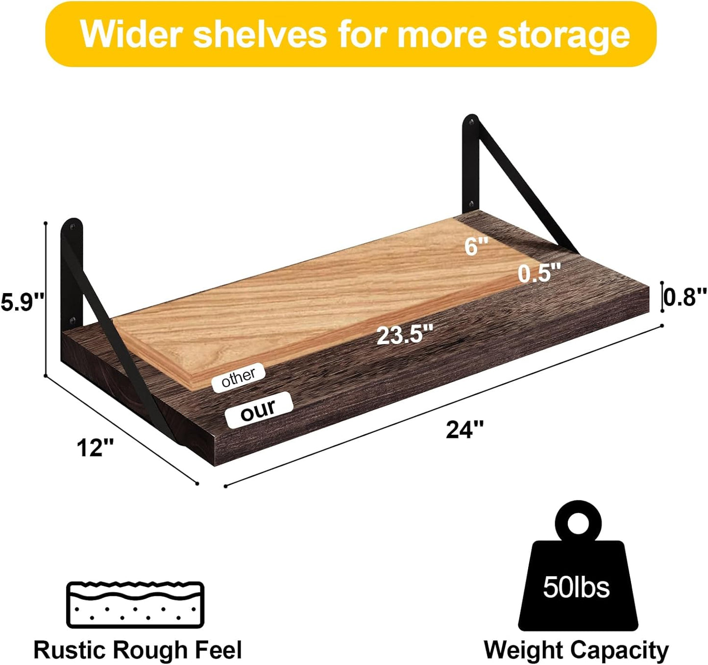 SAUMONIERES Floating Shelves Wall Bookshelf for Bedroom Bathroom Living Room Wood Wall Mounted Wide Deep Storage, Rustic Brown 24 Inch Wall Shelves Set of 2