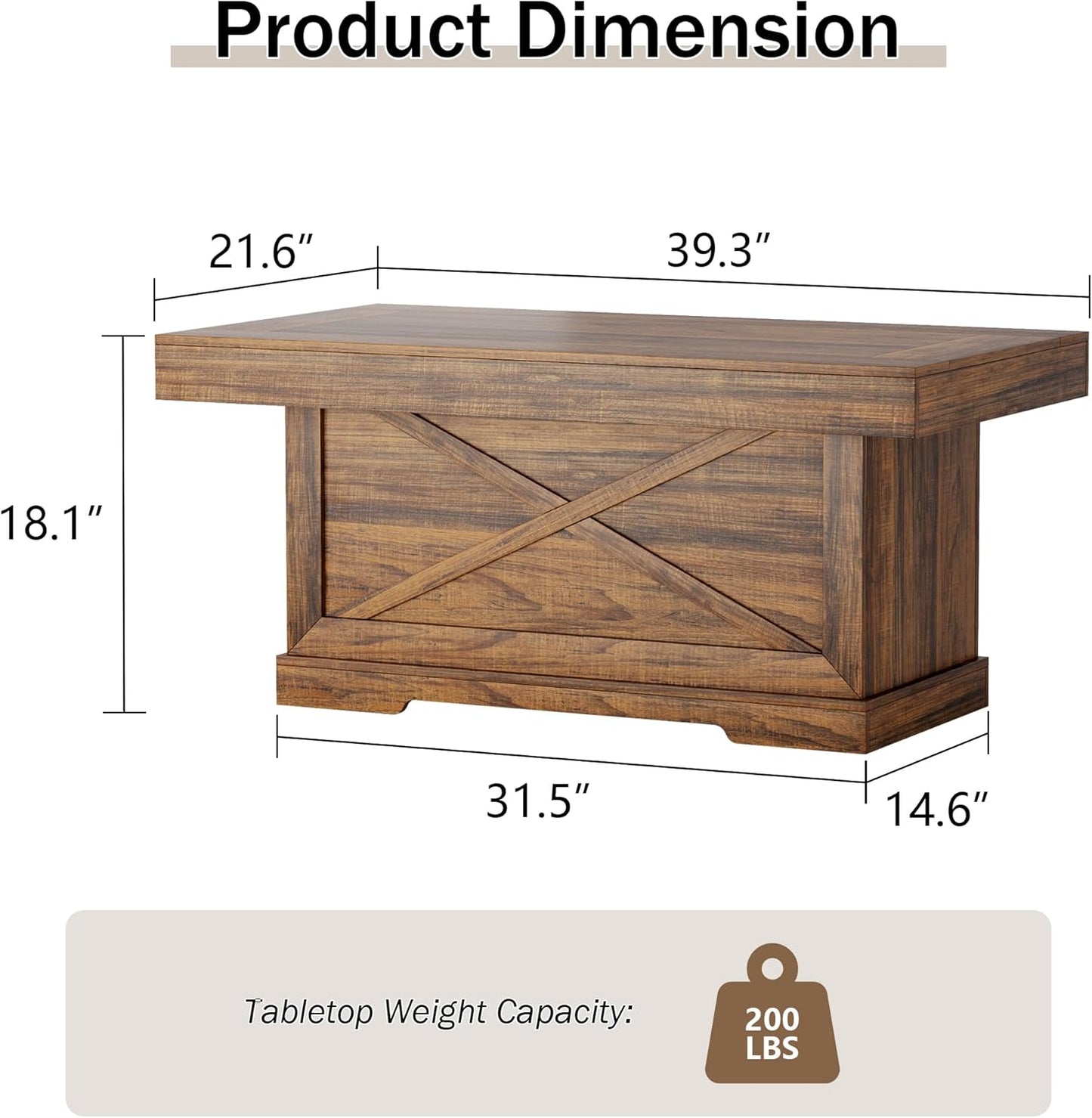 Coffee Table 39 in Rustic Center Table with X-Design Wooden Pedestal for Living Room, Space Saving, Easy Assembly Rectangle Home Office Tea Accent Table for Dining Room Apartment, Walnut