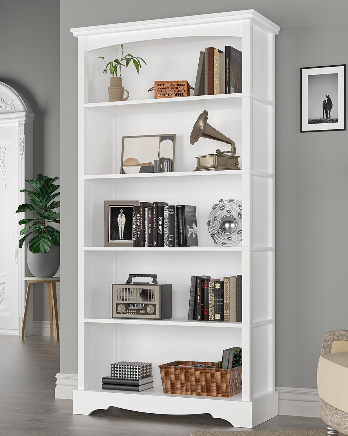 TVU 5-Tier Wooden Bookshelf, 65 Inch Tall Bookshelf with Storage, Floor Standing Modern Style Display Bookcase for Living Room, Office, Study Room, Entryway, White