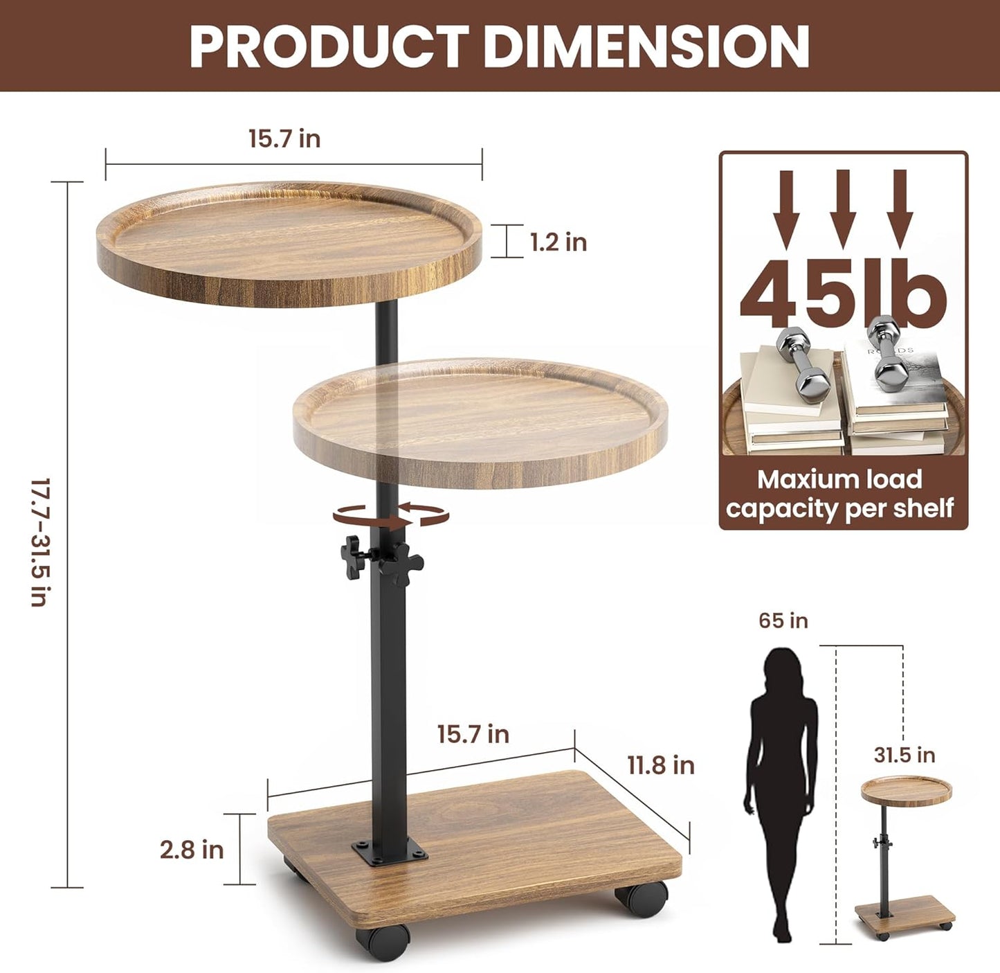 PPAMAPIC C Shaped End Table Adjustable Height, 360°Swivel TV Tray Table for Small Spaces, Side Table for Living Room, Couch Tables That Slide Under for Sofa Bed Chair