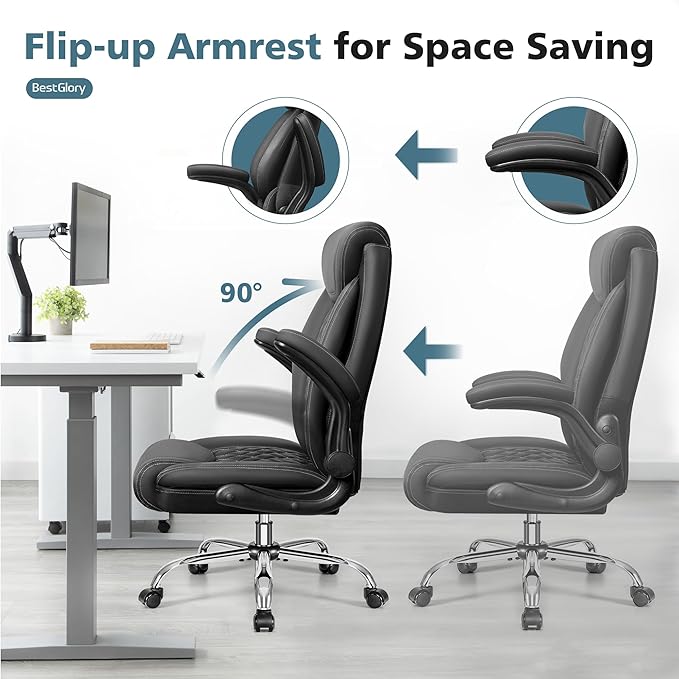 Office Chair, Ergonomic High Back Home Office Desk Chair, Big and Tall Breathable Leather Office Chair with Lumbar Support Flip-Up Armrests, Computer Gaming Chair with Rocking Function