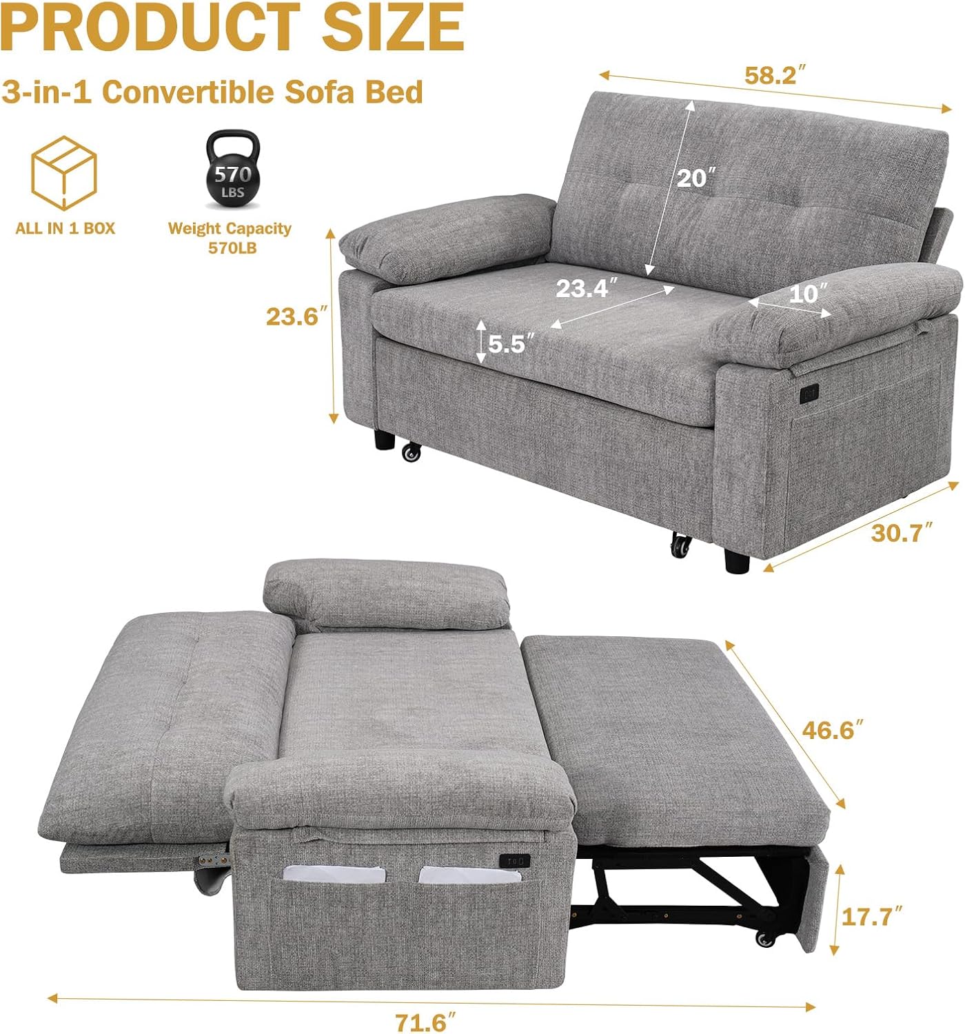 Vipbear 58" Convertible Sofa Bed, 3-in-1 Pull Out Sleeper Sofa with USB Ports & Adjustable Backrest, Loveseat with Side Pocket for Living Room, Apartment, Tool-Free Assembly, Chenile Light Grey