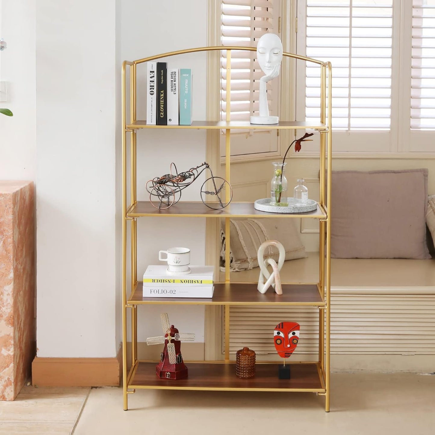 Crofy No Assembly Folding Bookshelf for Living Room, 4 Tier Gold Collapsible Book Shelf for Home Office, Portable Bookcase Storage Organizer