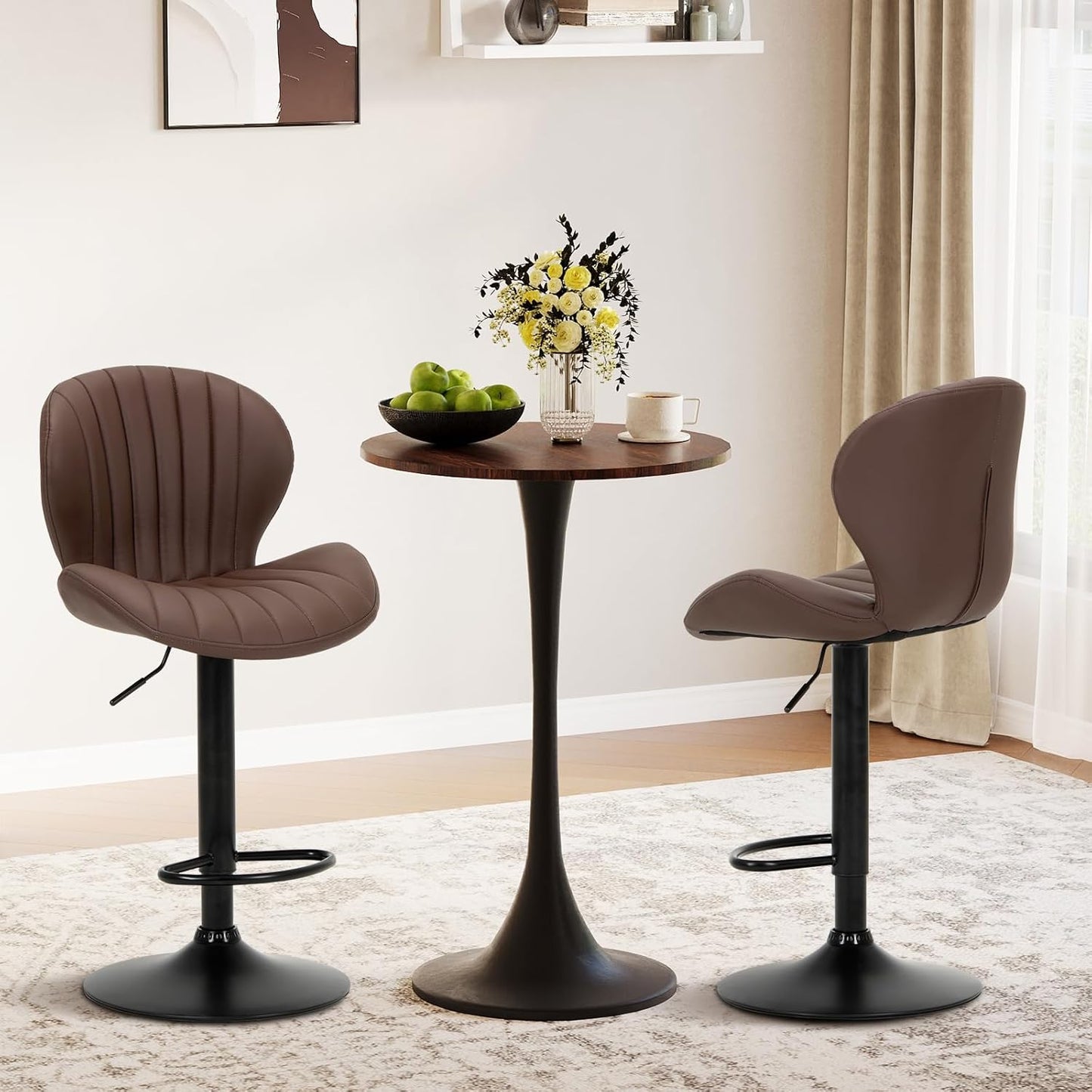 COLAMY Bar Stools Set of 4, Modern Swivel Bar Chairs, Adjustable Faux Leather Upholstered Barstools Counter Height with High Backrest for Bar, Kitchen Island, Dining Room, Brown