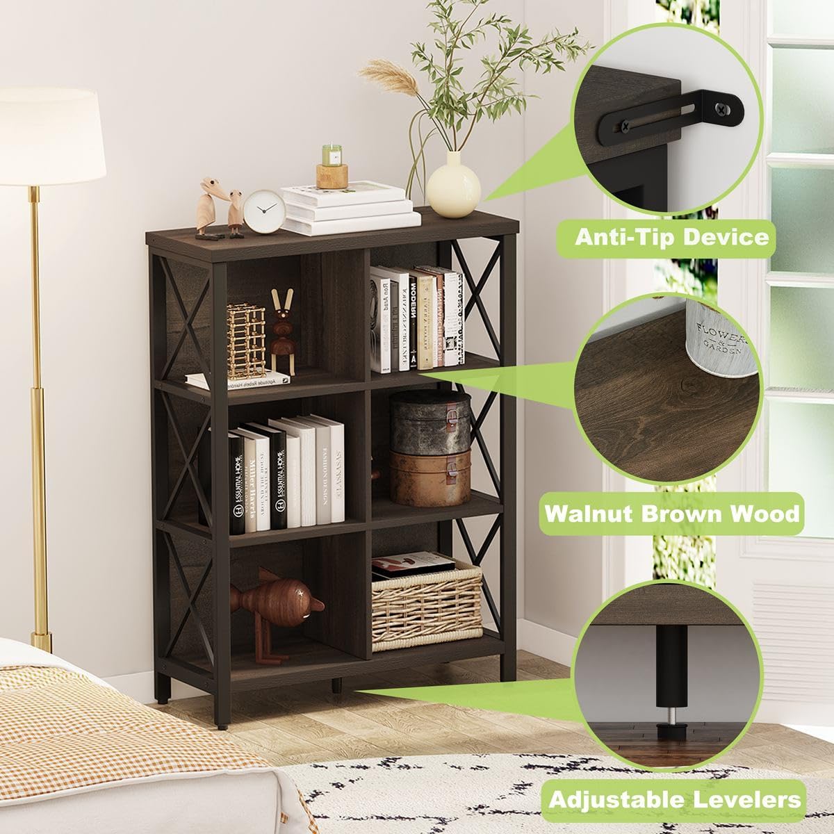 FATORRI 6 Cube Storage Organizer Shelf, Rustic Wood and Metal Cubby Bookcase, Industrial 4 Tier Cube Bookshelf (Walnut Brown)
