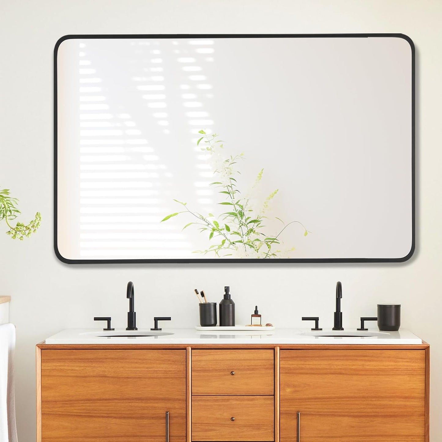27x40 Inch Rectangle Bathroom Mirror with Black Metal Frame, Rounded Corner Rectangular Vanity Mirror for Wall, Modern Large for Bedroom, Living Room, Horizontal or Vertical