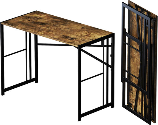 40 inch Folding Computer Desk, Writing Gaming Computer Camping Desk, No Assembly Required Home Office Table, Rustic Brown