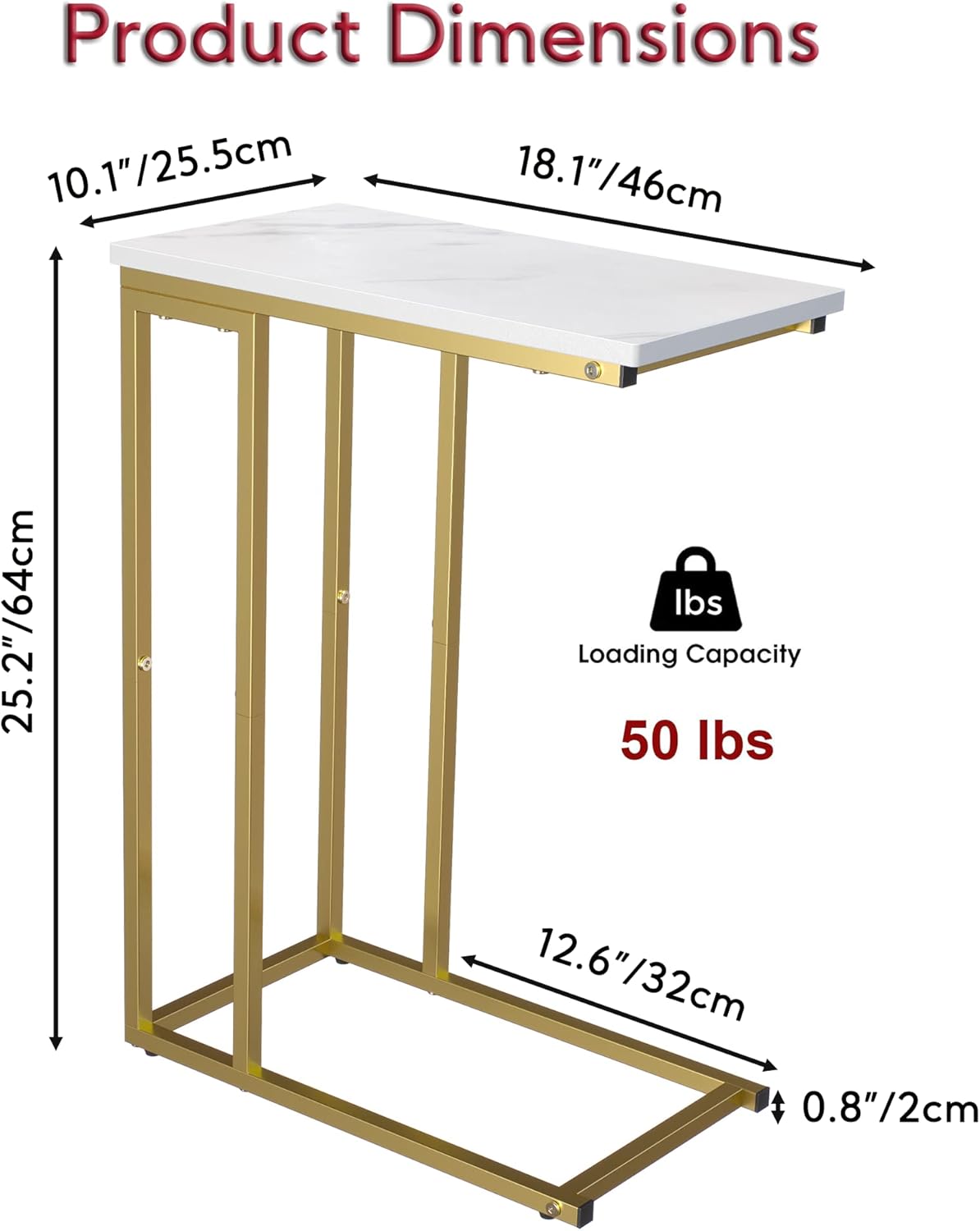 Yusong C Shaped End Table, Couch Side Table That Slide Under Sofa Bed, Small Table for Small Spaces, Skinny Overbed Table for Coffee Drink Snack, Living Room, Gold and White Marbled Wooden Top