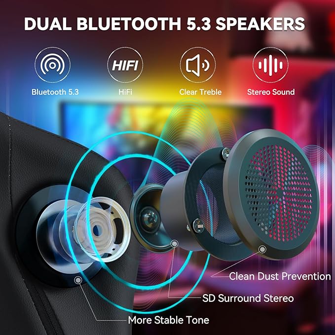 HOFFREE Gaming Chair with Speakers Massage Computer Gaming Chairs for Adults Reclining Bluetooth Game Chairs with Pocket Spring Cushion Video Game Chair with Footrest Computer Office Desk Chair Black