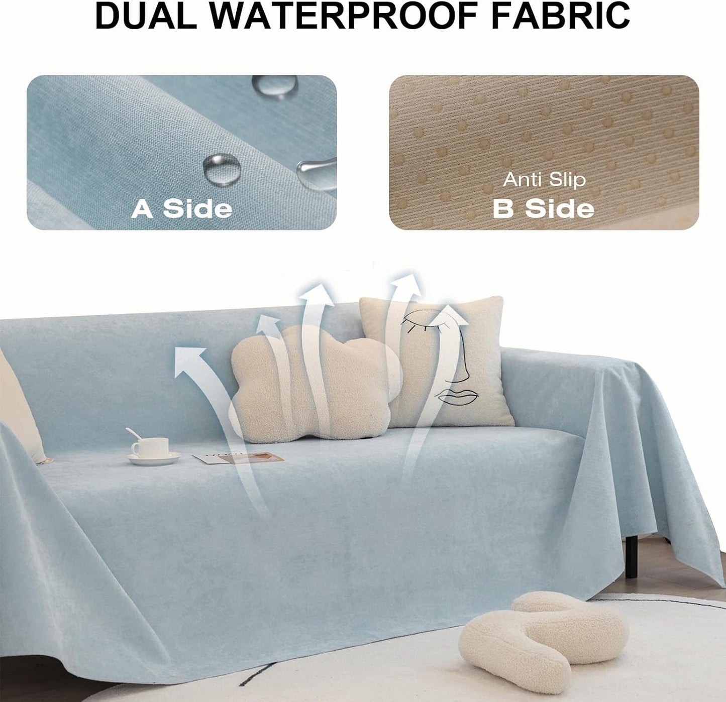 STACYPIK Waterproof Pet-Friendly Couch Cover, Non-Slip Light Blue Sofa Cover for 2 Cushion Couch, Anti Scratch Sofa Cover for Dog, Washable Furniture Protector for Living Room, Loveseat Cover-71X118IN