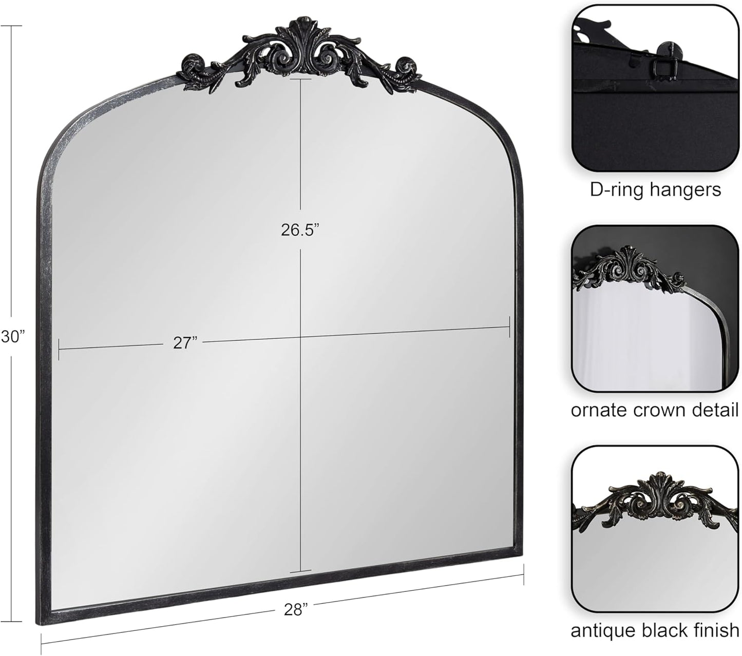 Kate and Laurel Arendahl Ornate Traditional Square Arched Mirror; 28 x 30; Antique Black; Decorative Baroque Style Arch Vintage Mirror with Wide Frame and Ornamental Crown