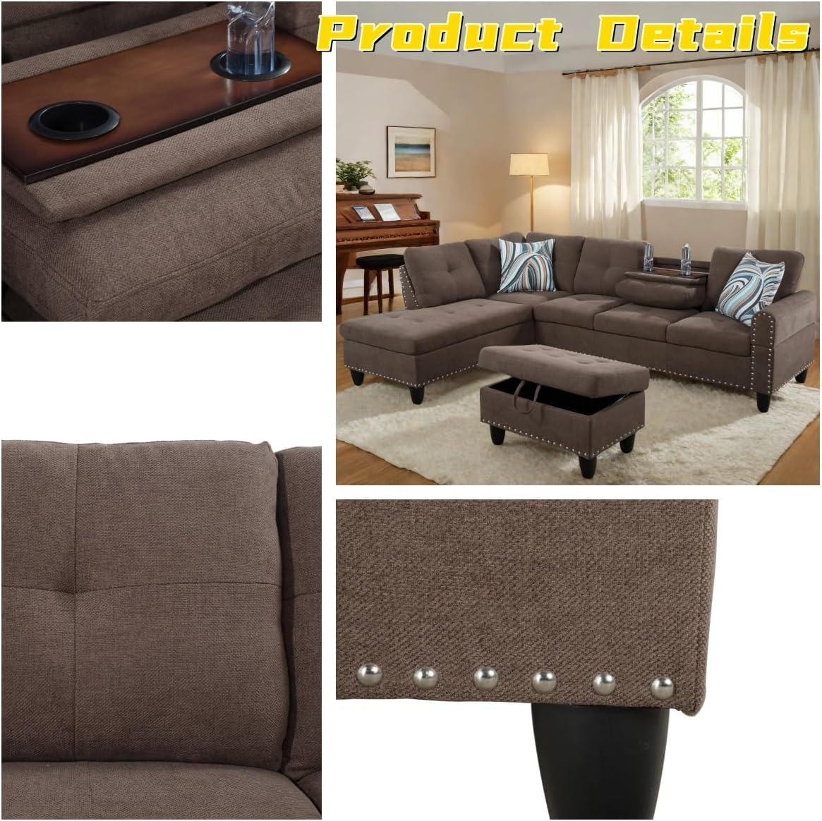 L Shaped Sectional Couch with Otttoman, 97" Sectional Sofa for Living Room Flannel Modular Couches with Cup Holders for Bedroom, Apartments, Brown