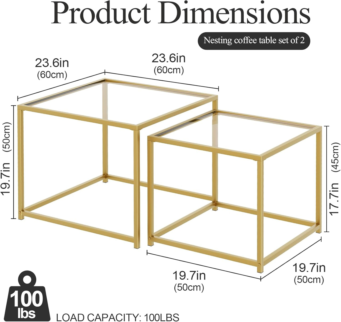 Garden 4 you Coffee Table Set of 2, Modern Glass Nesting Table, Metal Frame Square Center Table Set, Side Tables, Nesting Coffee Table for Living Room, Bedroom and Small Spaces, 23.6in Gold