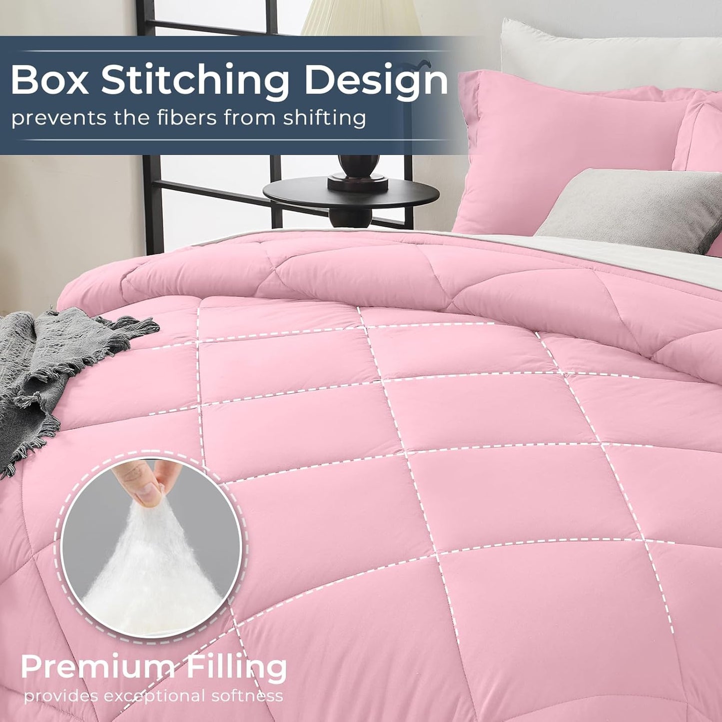 HEVUMYI King Comforter Set - 7-Piece All Season Bed in a Bag King, Ultra Soft Bedding Set with Comforter, Flat Sheet, Fitted Sheet, Pillowcases, Pillow Shams, Pink & Ivory