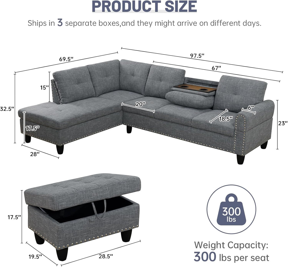 L Shaped Modular Sectional Sofa with Reversible Chaise Lounge, 5-Seater Corner Couch, Linen Upholstery Convertible Sofá w/Movable Ottoman, Cup Holders, 2 Pillows and Rivet Ornament for Living Room