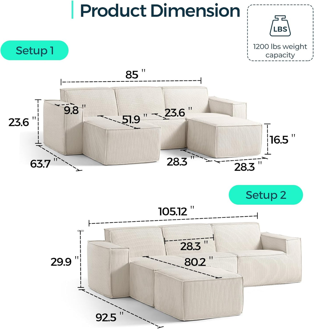 LINSY HOME Oversized Modular Sectional Sofa, 105" Cloud Couch L Shaped 3-Seat Sofa with 2 Movable Ottomans, Corduroy Sectional Couches for Living Room, No Assembly Required, Beige