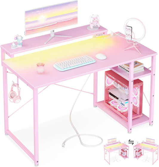 MOTPK 40 Inch Small Gaming Desk with Storage & Led Lights, Computer Desk with Power Outlet & Shelf, Reversible Gamer Desk with Adjustable Monitor Stand, Carbon Fiber Texture Pink