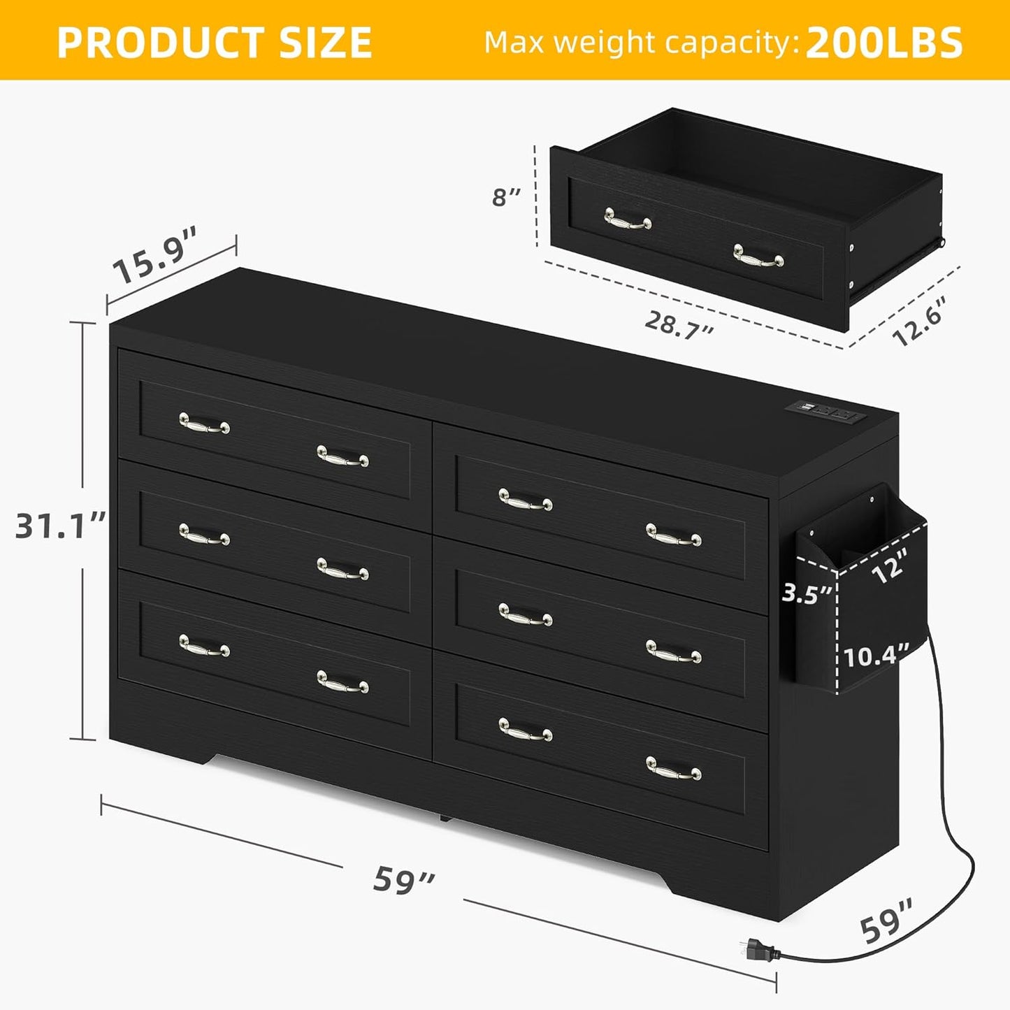 YITAHOME Drawers TV Stand for 65 inches with Power Outlets -Chest of Drawers Dresser with Side Organizer Bag Entertainment Center TV Console, Black