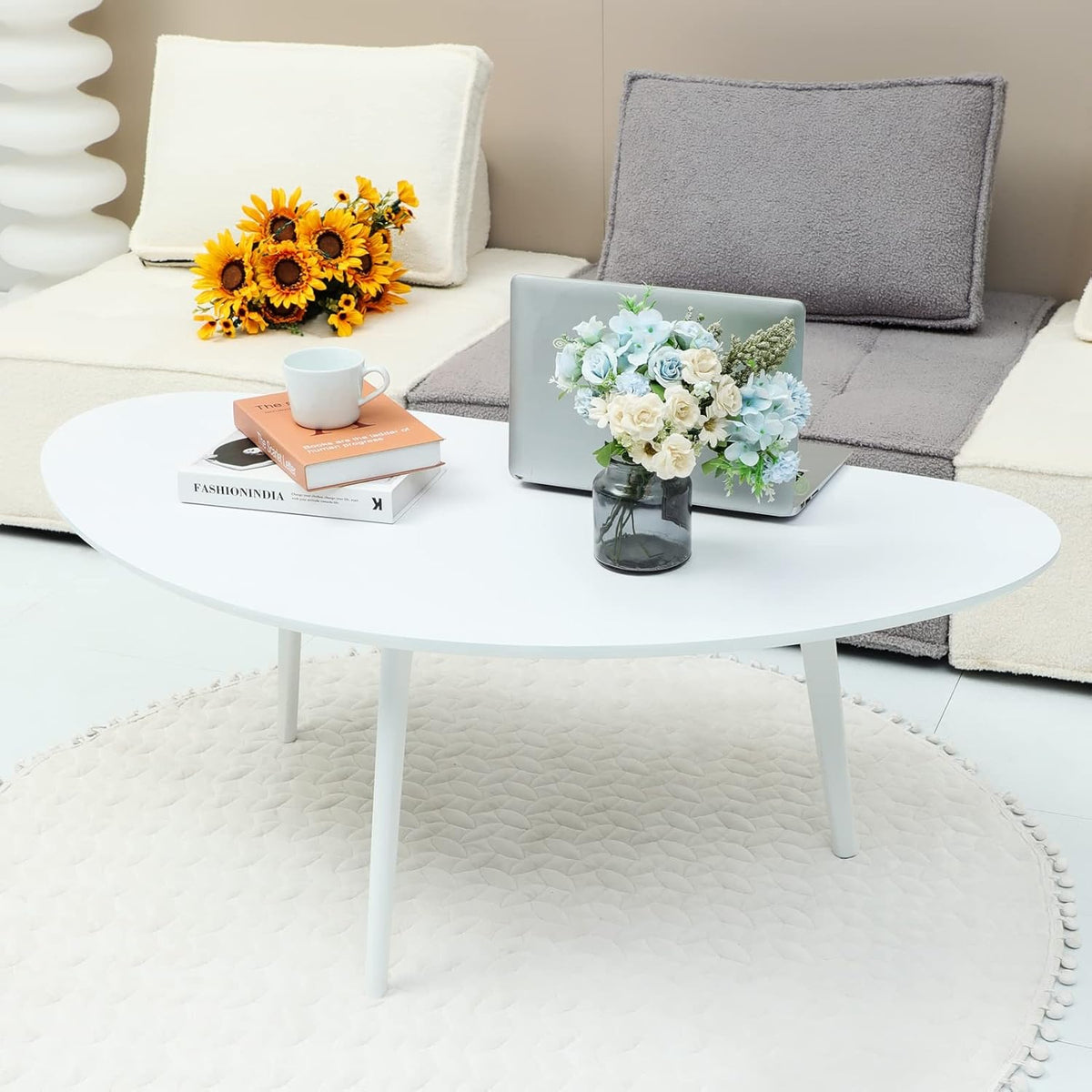 FIRMINANA Mid Century Modern Coffee Table,Large Oval White Coffee Table for Living Room,for Small Spaces,White-47.3" W x 23.63" D x 17.72" H