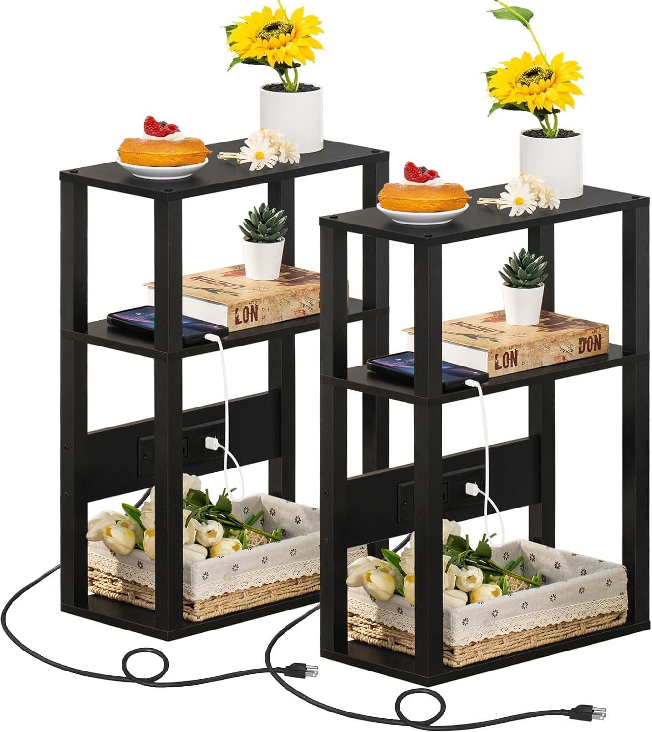 3-Tier Small Narrow Wood Side Table Set of 2 with Charging Station - Skinny Nightstand for Small Spaces, Slim Bedside Table with USB Ports and Outlets - Thin End Table with Storage, Black