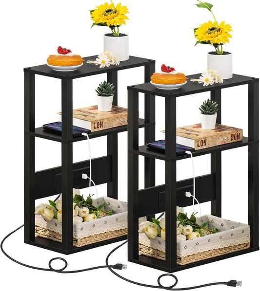 3-Tier Small Narrow Wood Side Table Set of 2 with Charging Station - Skinny Nightstand for Small Spaces, Slim Bedside Table with USB Ports and Outlets - Thin End Table with Storage, Black