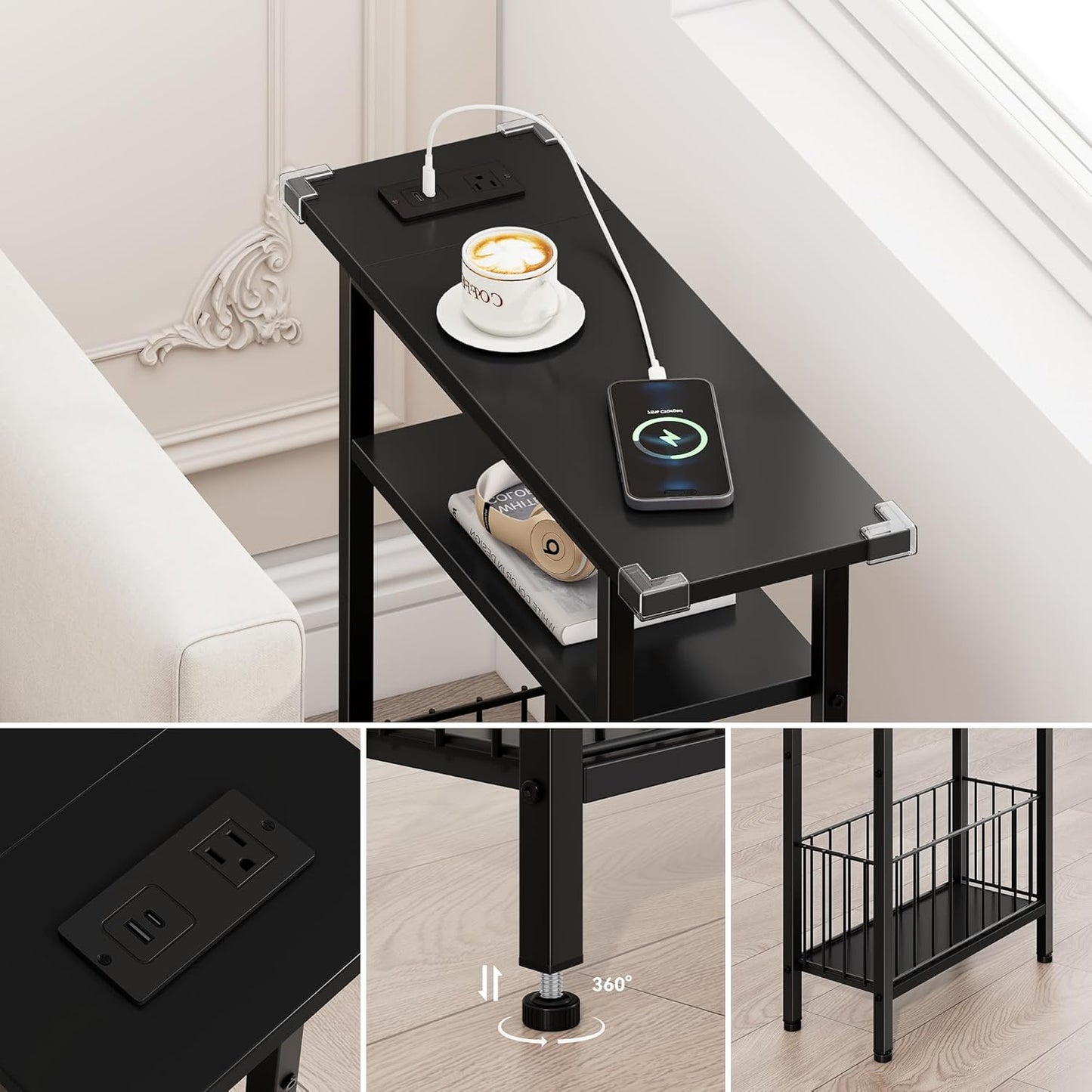 Vagusicc Narrow Side Table with Charging Station, 3-Tier Skinny Side End Table for Couch, Small End Tables for Small Spaces, 25.2" Tall Slim Nightstand Bedside Table for Living Room, Bedroom, Black