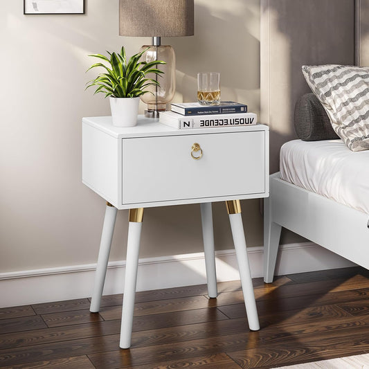 Bme Alden Wood Nightstand, Solid Wood End Table, Mid Century Modern Nightstand, Side Table with 1 Drawer, Compact for Bedroom, Living Room & Study Room, Easy Assembly, Ivory White
