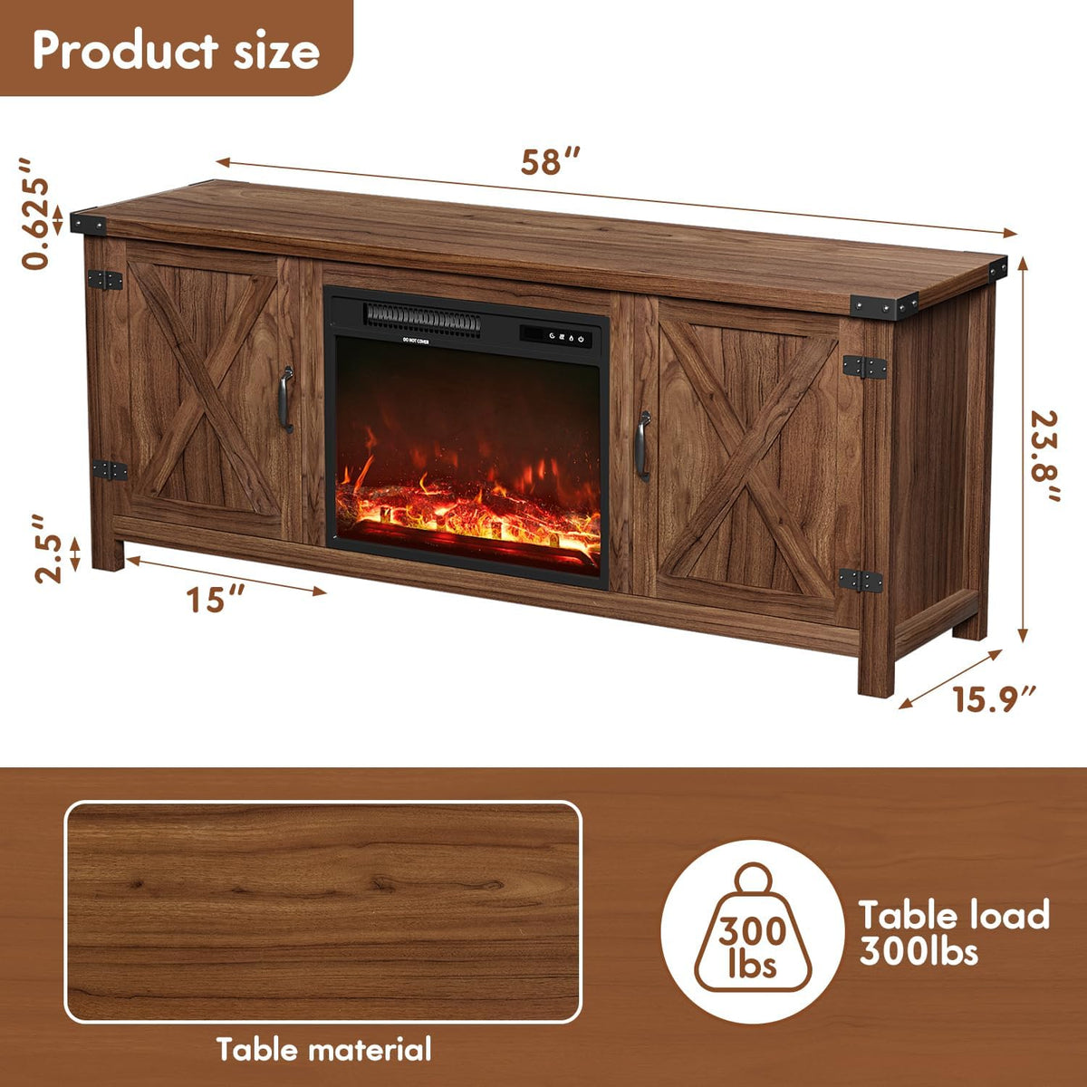 YESHOMY Fireplace TV Stand with Two Barn Doors and Storage Cabinets for Televisions up to 65+ Inch, Entertainment Center Console Table, Media Furniture for Living Room, 58 Inch, Brown