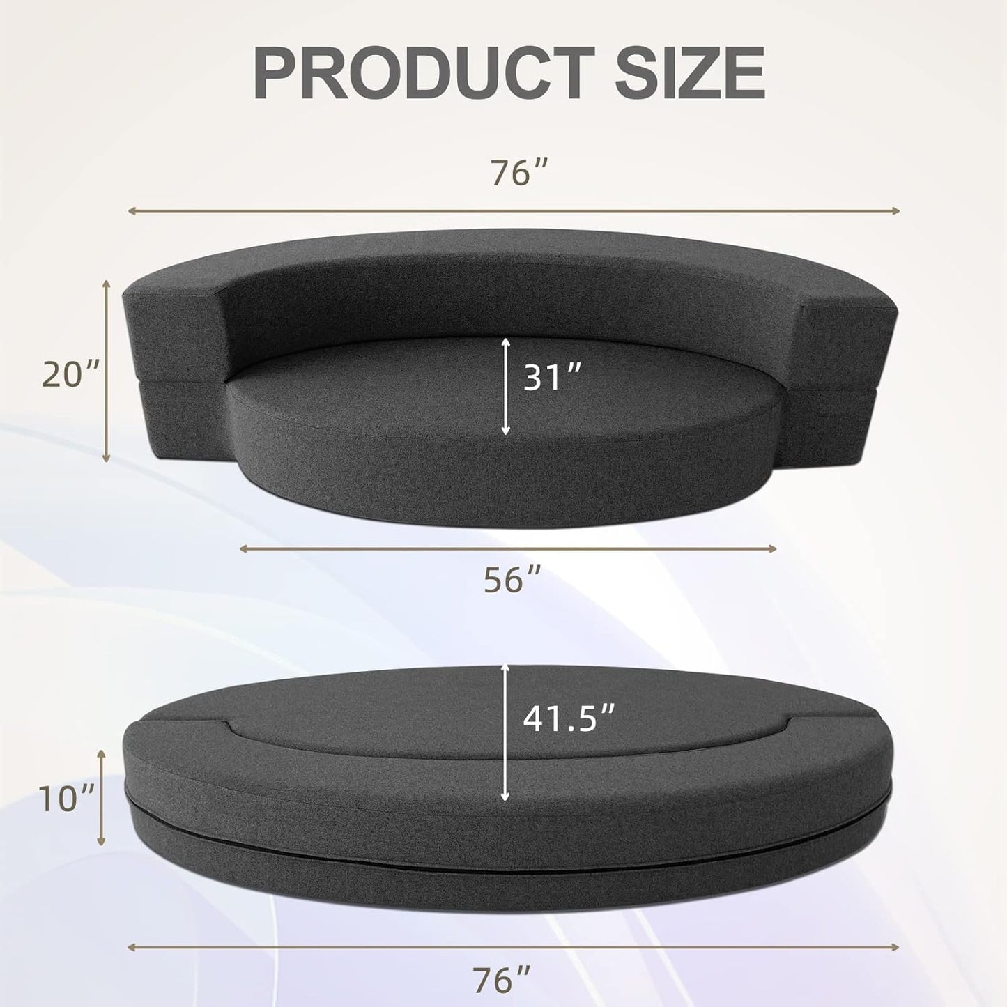 Modern Folding Sofa Bed Couch Memory Foam with 2 Pillows Sleeper Sofa futon Couch for Bedroom Living Room Guests, Washable Set, Stylish Oval 76''L × 41.5''D × 10''H,Dark Gray