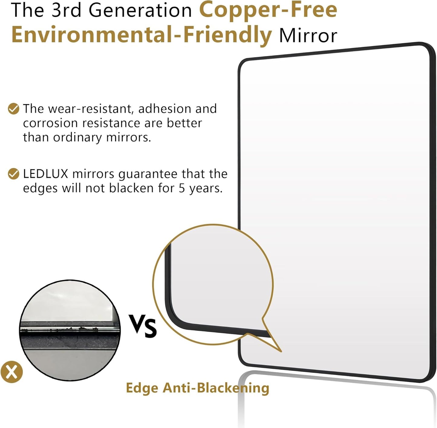 30"x36" Bathroom Wall Mirror with Matte Black Metal Frame & HD Glass, Copper-Free Mirrors Modern Rectangle Round Corner Framed Vanity Mirror - Horizontal or Vertical Installation