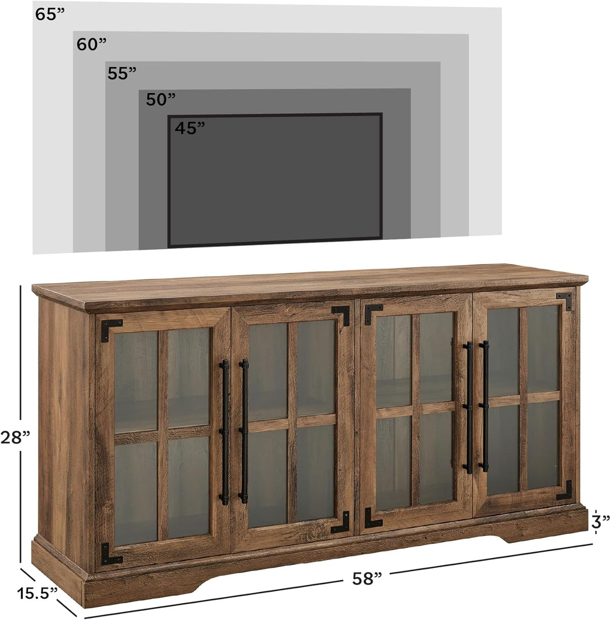 Walker Edison Farmhouse Barn Glass Door Wood Universal TV Stand for TV's up to 64" Flat Screen Living Room Storage Cabinet Doors and Shelves Entertainment Center, 58 Inch, Rustic Oak