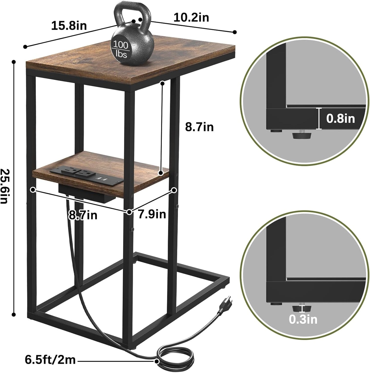 Yoobure LED C Shaped End Table with Charging Station, Small Side Tables for Living Room Bedroom, TV Tray Table with USB Ports and Outlets for Small Spaces, C Table for Couch Sofa, Bed Side Table