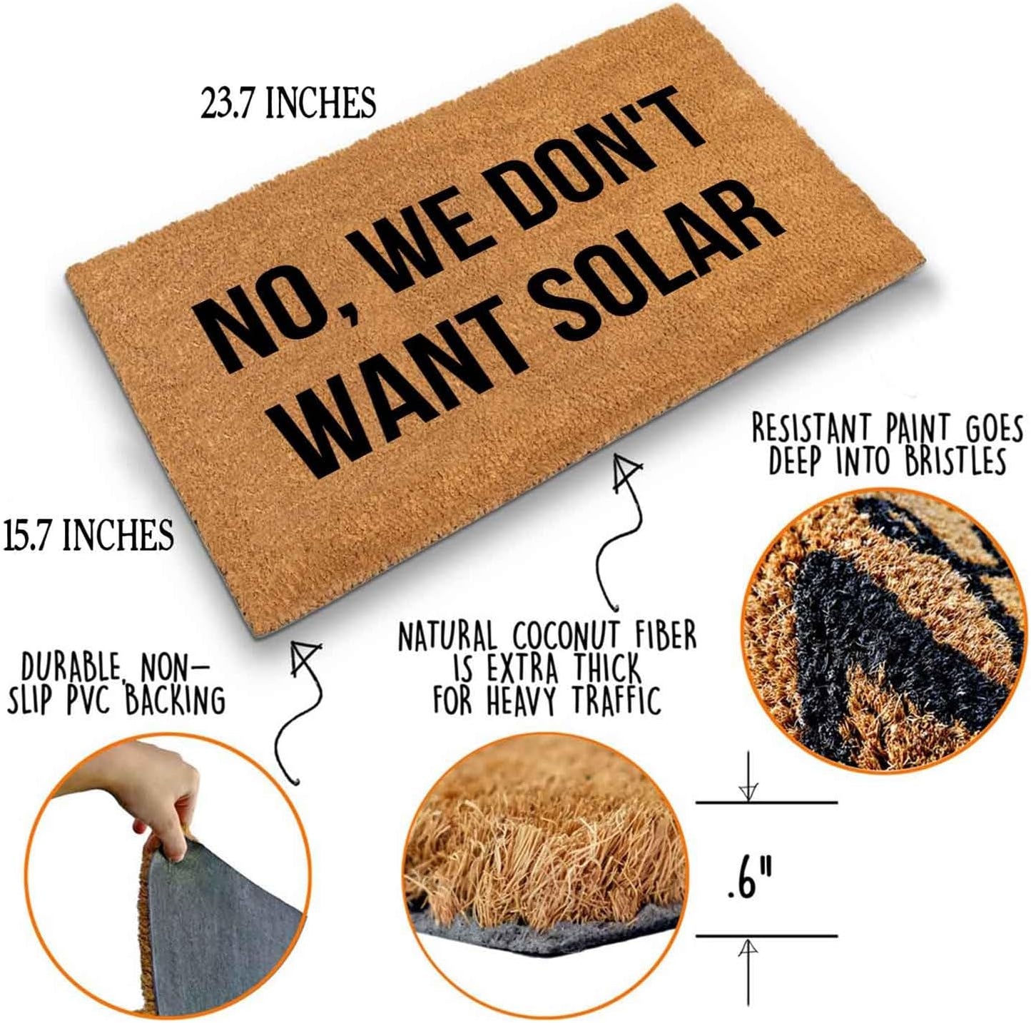 Funny Coir Doormat with No, We Don't Want Solar - Front Door Mat, Entryway Welcome Mat, 23.7 x 15.7 inch