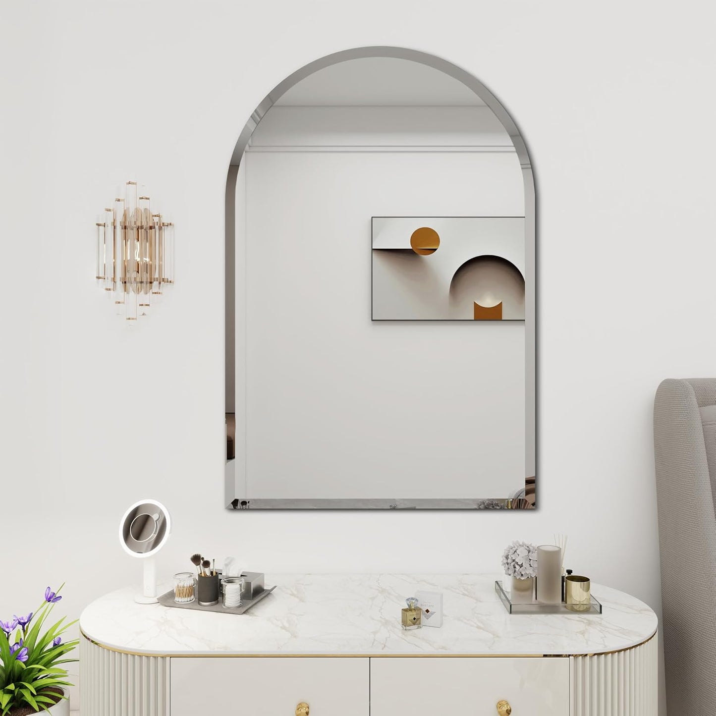 Arched Bathroom Mirror, 28X40 inch Arched Frameless Mirror, Arch Wall Mirror，Frameless Mirrors for Bathroom,Beveled Bathroom Mirror.