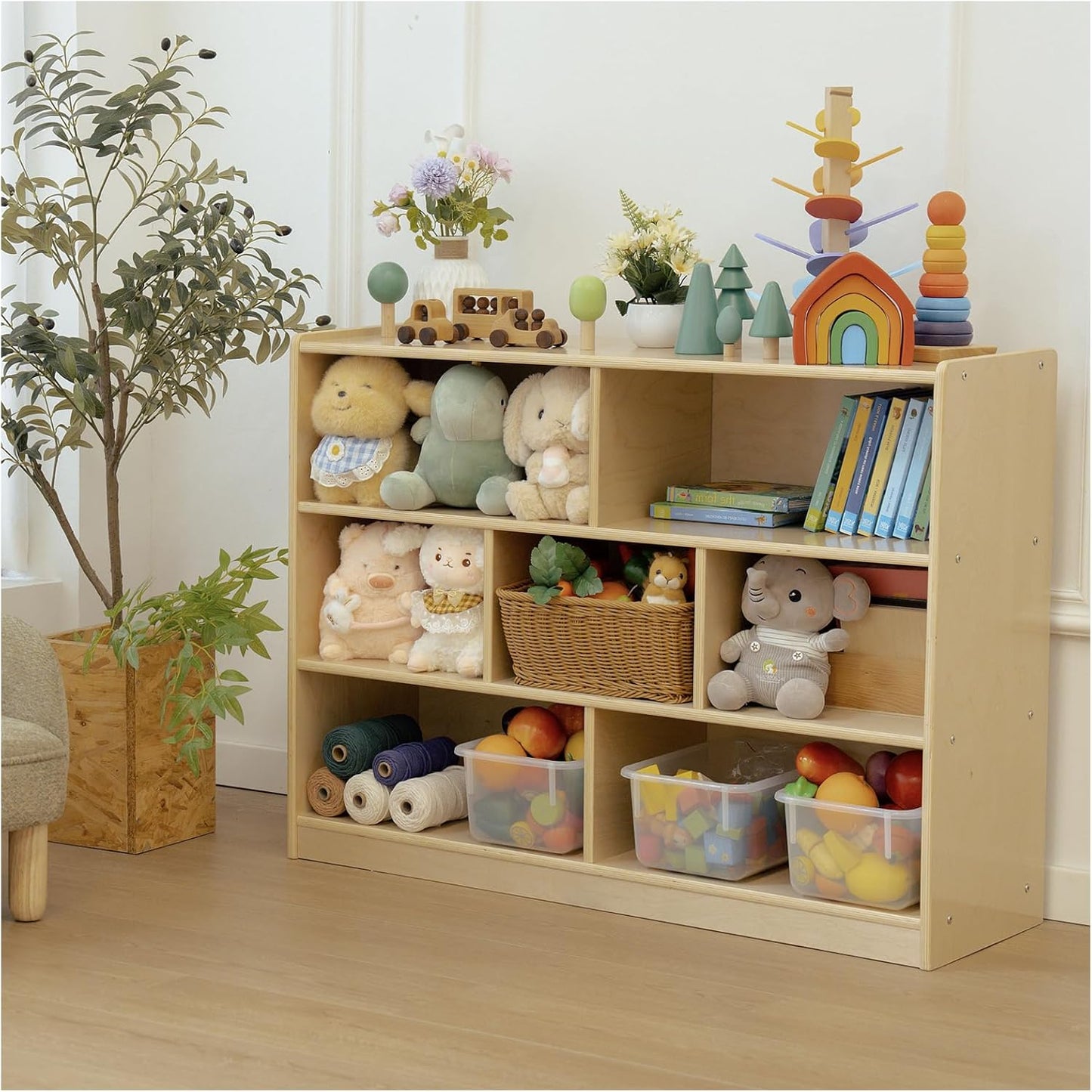 Kids Bookshelf and Toy Storage Shelf, Wooden Montessori Bookshelf, 3-Tier Toy Shelves with 7 Cubby, Classroom Furniture, Birch Children Bookcase, Book Shelf for Kids Room, Nursery, Playroom