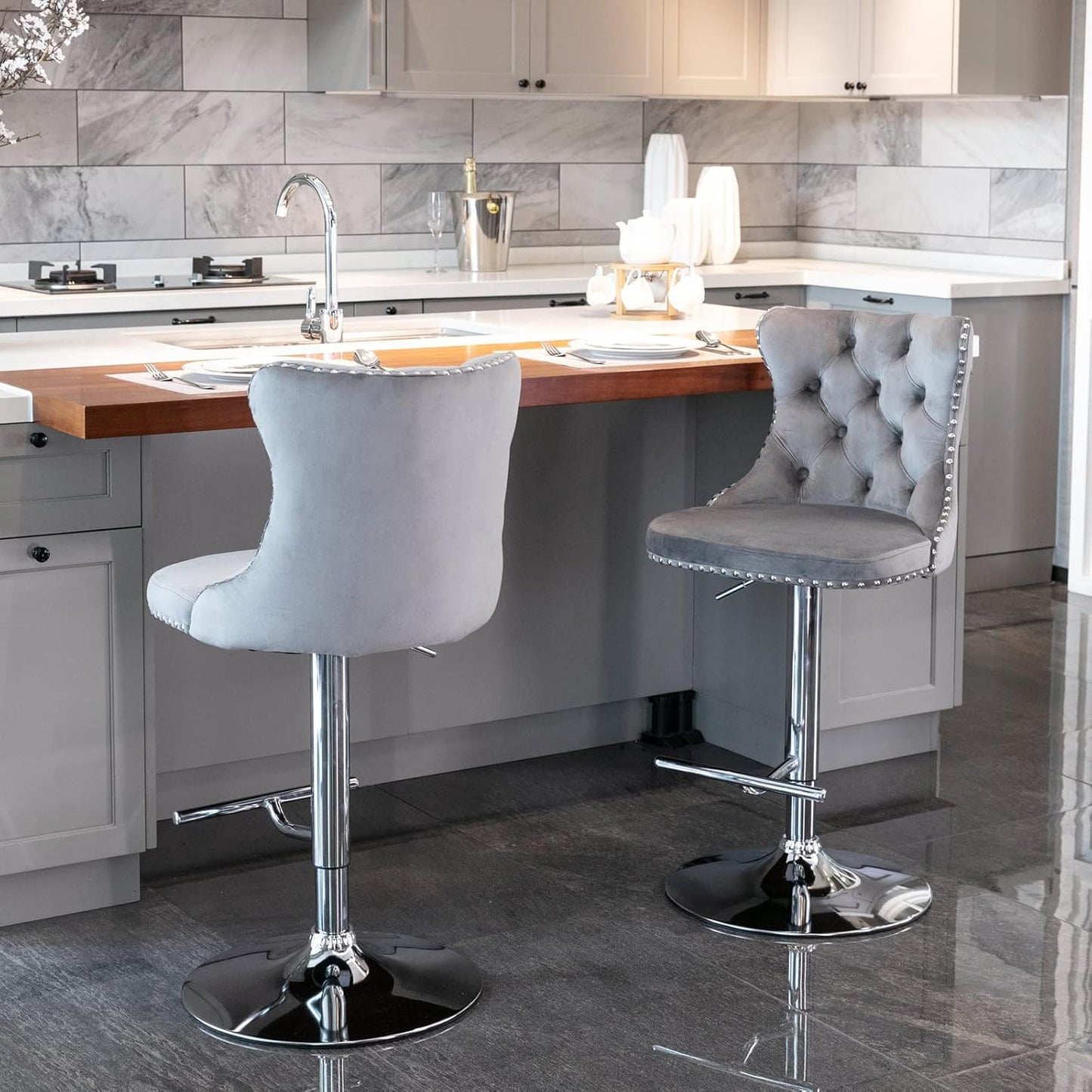 PacknWood Acosure Swivel Velvet Barstools Adjusatble Seat Height from 25-33" with Comfortable Tufted,Modern Upholstered Chrome Base Bar Chairs,for Home Pub Kitchen,Gray,Set of 2