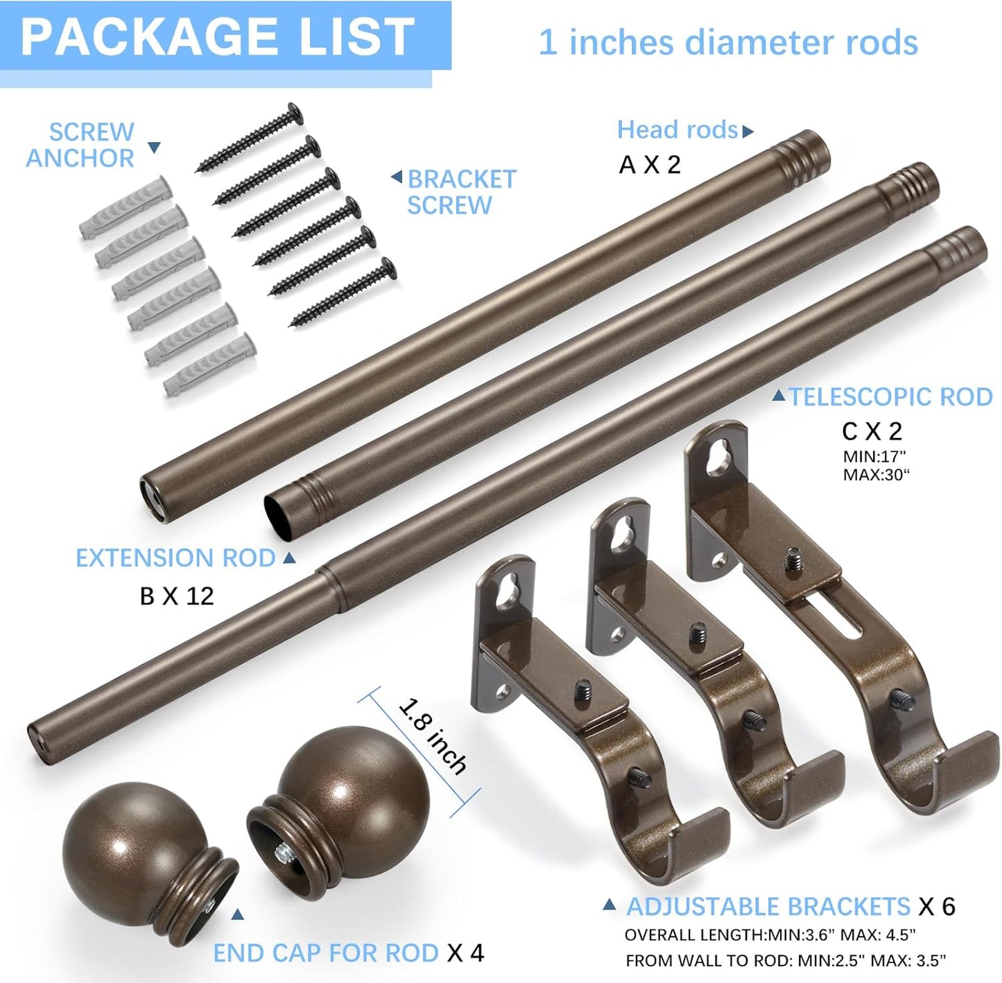 Curtain Rods for Windows 16 to 120 Inches, Curtain Rod Max Adjustable Length of 132 IN, 1" Diameter Drapery Rods Round Finials, Brown, Pack of 2