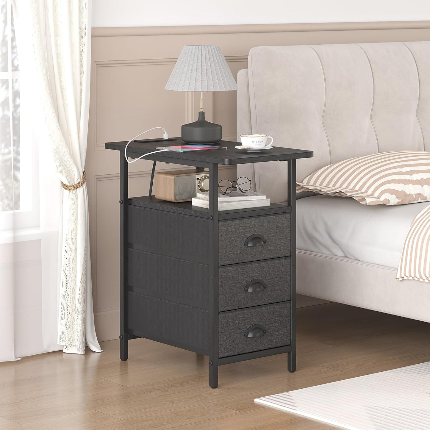 End Table with Charging Station, Side Tables Livingroom with USB Ports and Outlets,Narrow Nightstands Bedside Tables with 3 Drawers PU Finish for Small Space,Slim Sofa Table Bedroom,Black