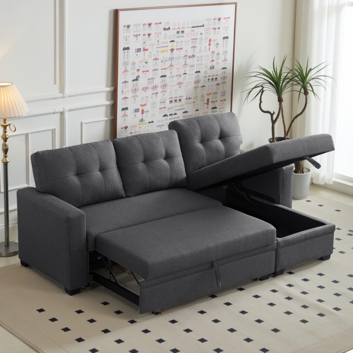 L-Shape Sofa Bed, 82" Sectional Couch with Storage Chaise, Pull Out Sleeper Sofa with Removable Back Cushions, Convertible Corner Couch for Living Room Apartment, Dark Gray