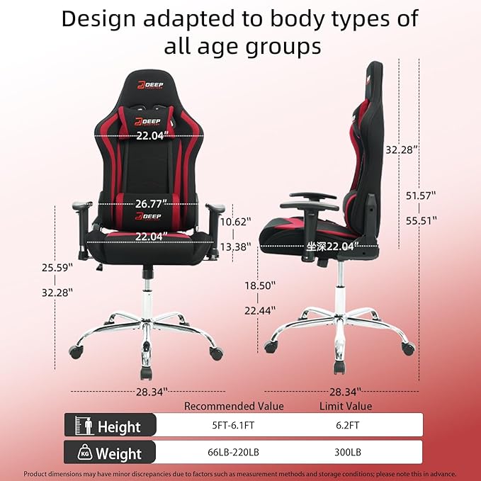 Ergonomic Fabric Gaming Chair with Footrest and Lumbar Support Racing Office Chair Adult-Specific Computer Gaming Chair Wrinkle-Resistant.(1005-Red)