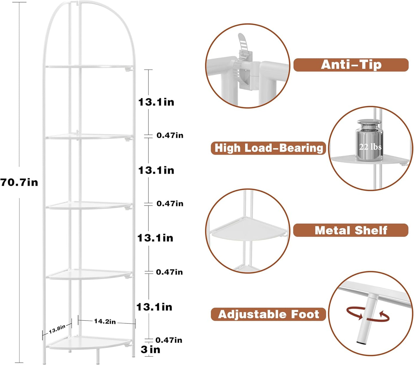 Crofy Foldable 5 Tier Corner Shelf, Metal Corner Plant Stand with White Frame and White Shelves, Corner Display Rack Multipurpose Shelving Unit for Living Room, Bedroom, Bathroom