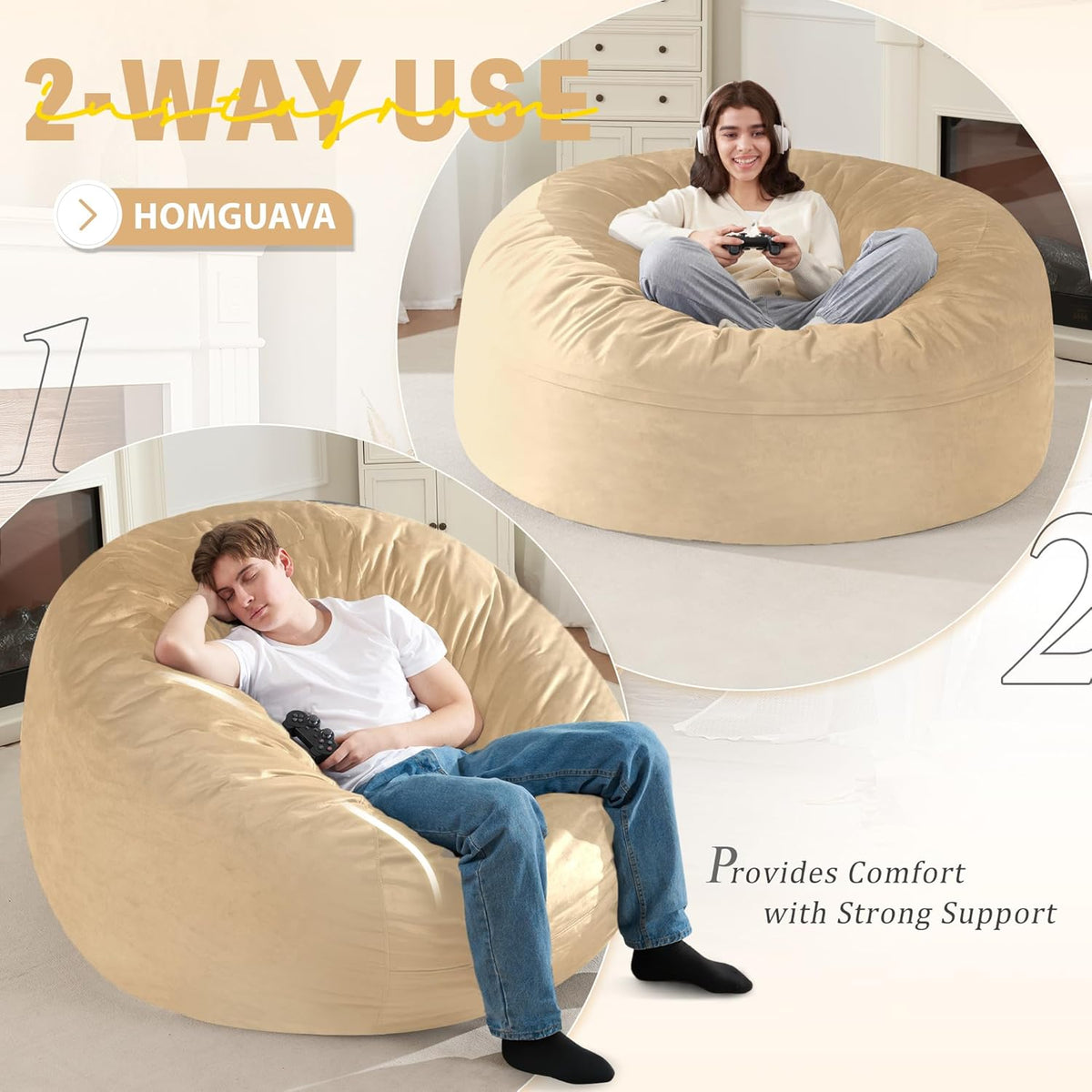 Homguava 5FT Bean Bag Chair Giant BeanBag with Memory Foam Filled, Comfy Bean Bag Chairs for Adults, Adult Bean Bag Chair with Dutch Velvet Cover for Living Room Bedroom-Khaki