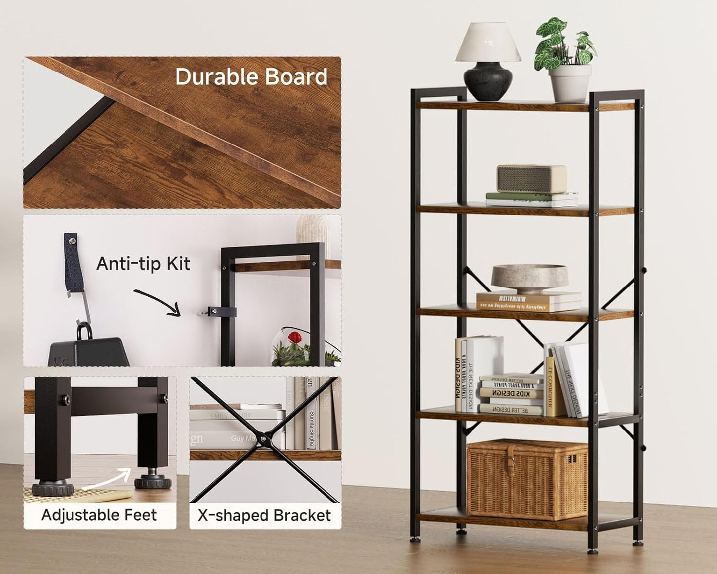 Casaottima Book Shelf, 5 Tier Bookshelf, Modern Wood Bookcase Shelves for Bedroom, Industrial Display Shelf for Living Room Home Office Kitchen, Standing Shelving Unit Storage Organizer, Vintage