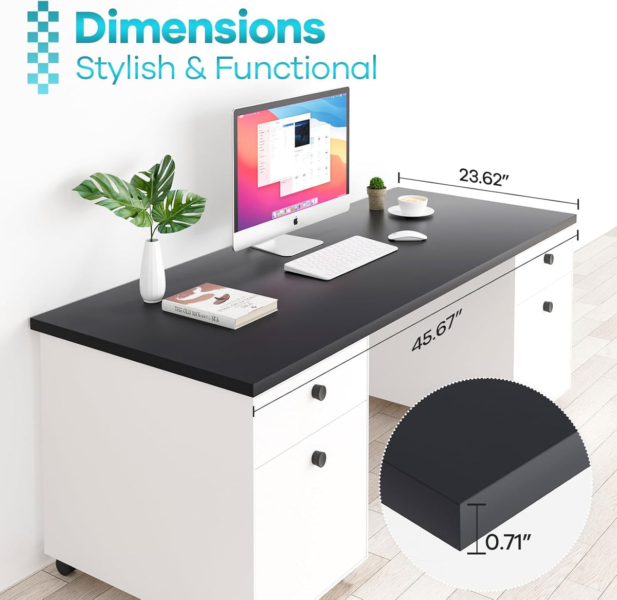 Kaboon 45.67"x23.62" Black Table Top, Solid One-Piece Desktop, Reversible Melamine Countertop, Double Desks, L-Desk DIY
