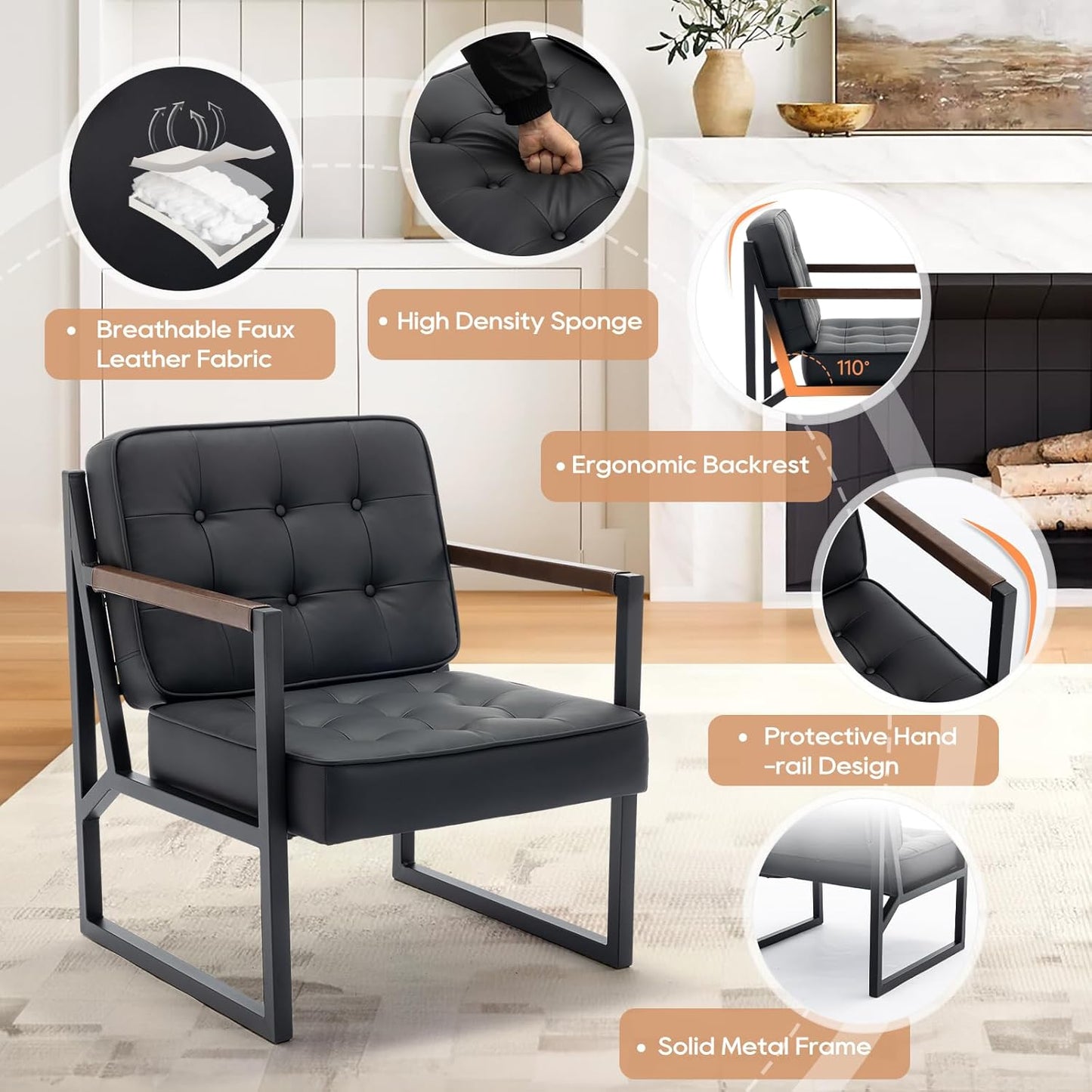 COLAMY Black Leather Accent Chair, Accent Arm Chair for Living Room, Comfy Armchair with Metal Legs for Living Room Bedroom Reception Waiting Room