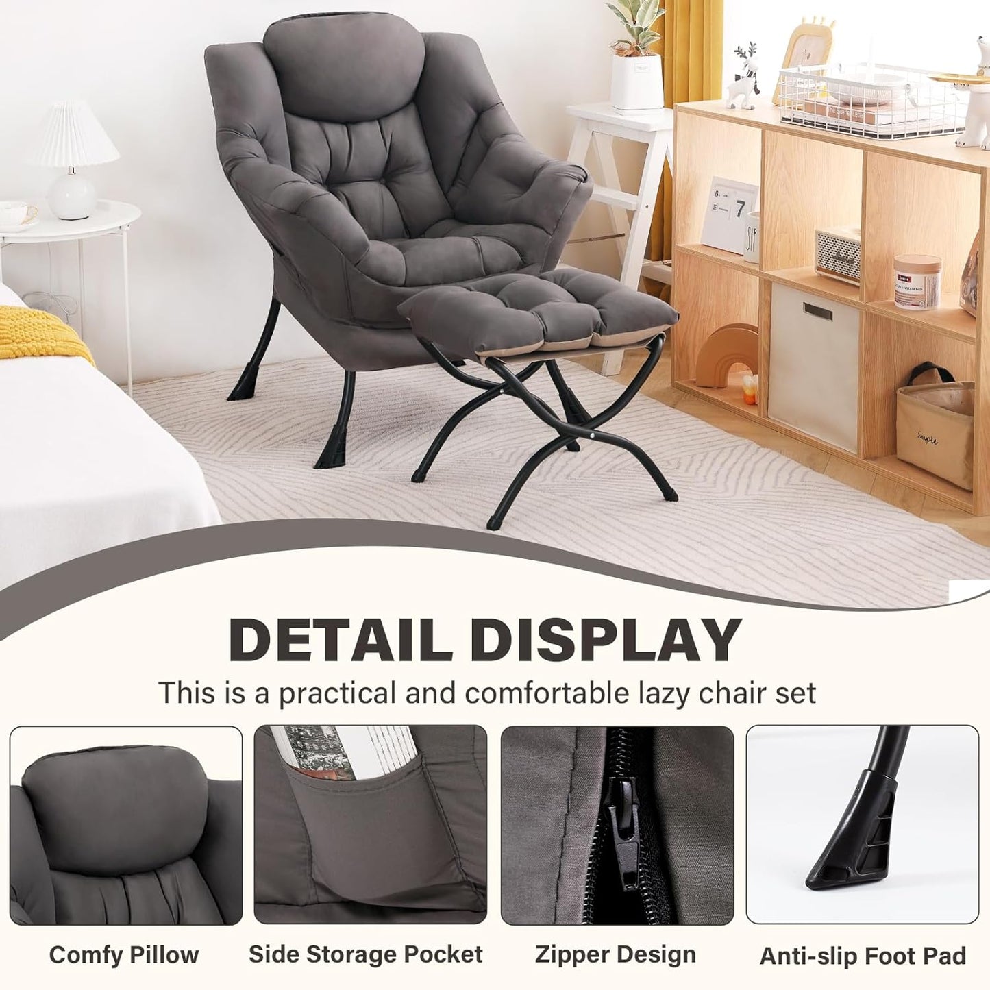 Lazy Chair with Ottoman, Modern Accent Chair Contemporary Lounge Leisure Sofa Chair with Armrests, Reading Chair and Folding Footstool Set for Living Room, Bedroom, Office, Dark Grey