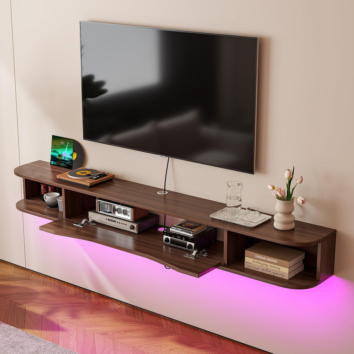 Floating TV Stand,70'' Wall Mounted TV Cabinet,Floating TV Console,Under TV Shelf with 1 Door and 2 Cabinets for TVs up to 75''(Walnut)