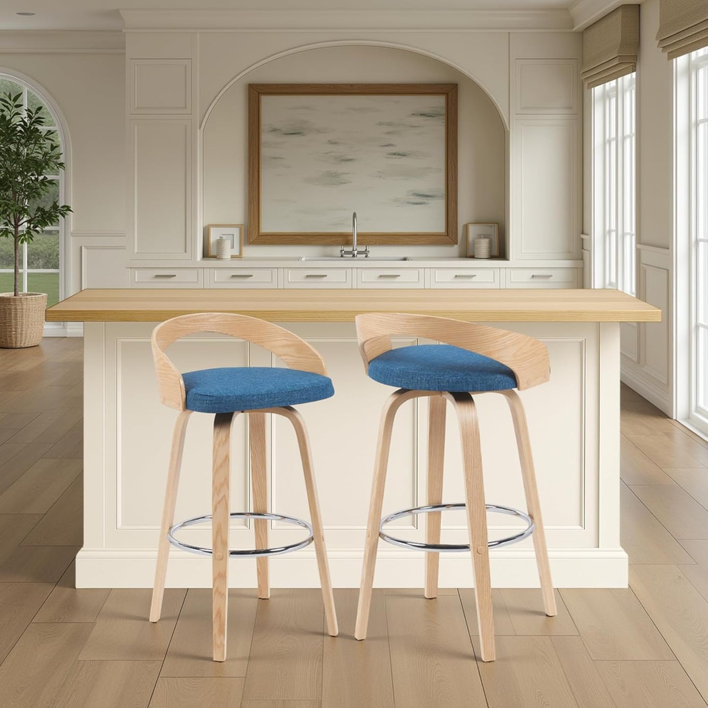 Armen Living Sonia Modern Swivel Bar Height Stool with Blue Upholstered Seat and Patterned Oak Wood Finish