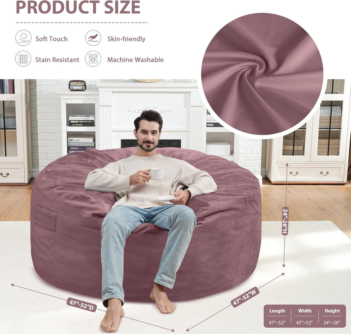 5FT Bean Bag Chair, Large Bean Bag Chairs with Memory Foam Filled, Fluffy Beanbag Sofa with Dutch Velvet Cover, Round BeanBag Chairs for Living Room, Playroom - Dusty Pink
